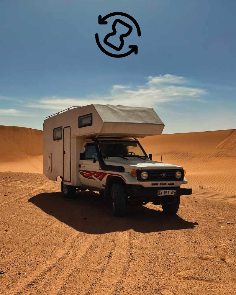 Photo du Land Cruiser dans le désert avec une icône "en cours"